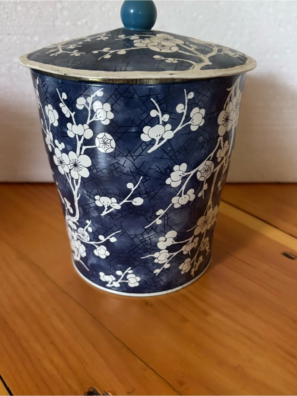 Vintage Daher Blue Cherry Blossom Tin Canister w/ Lid Made in England